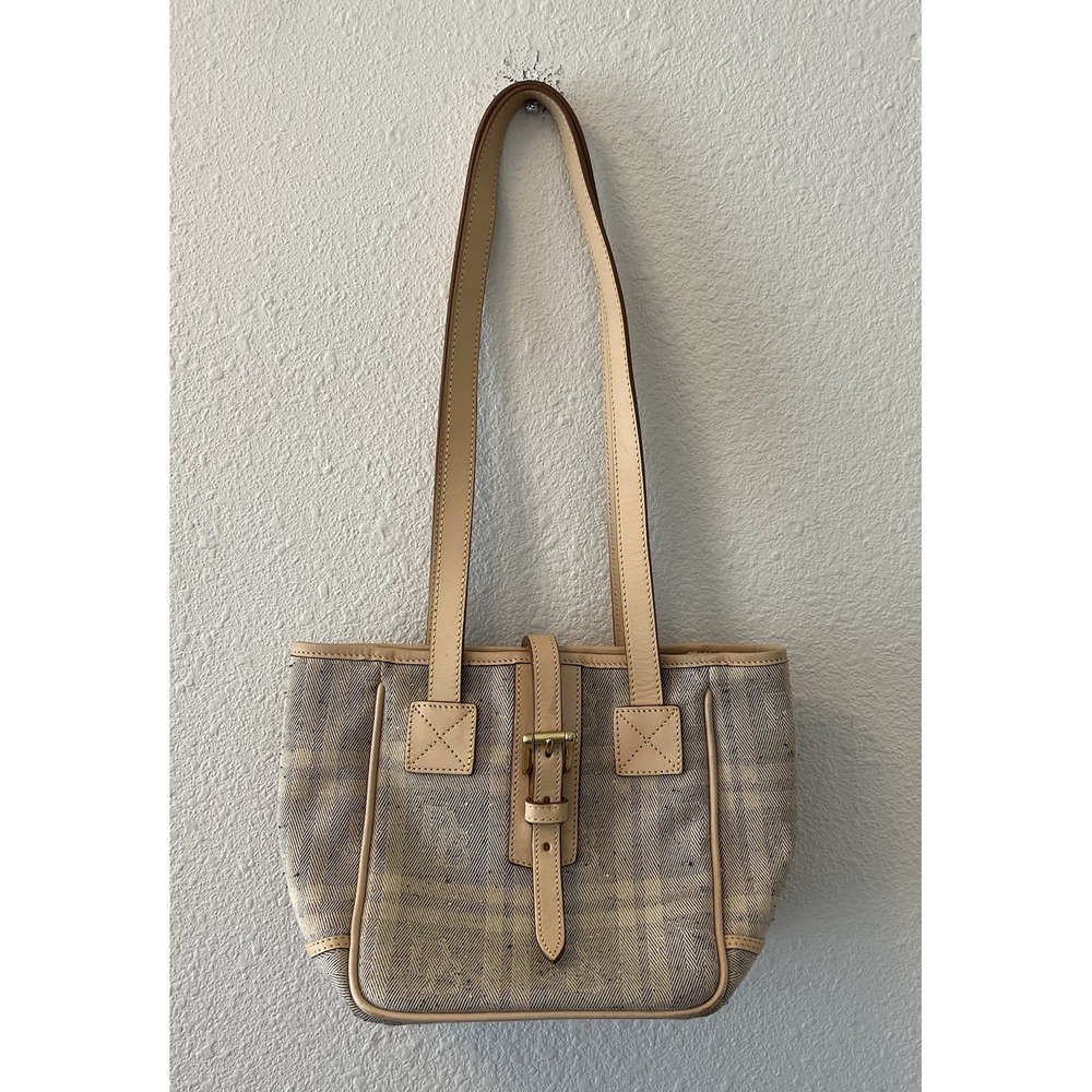 Vintage Dooney & Bourke Women's Purse Bag Beige Tan Plaid Leather Trim Chic Cute - Picture 1 of 16